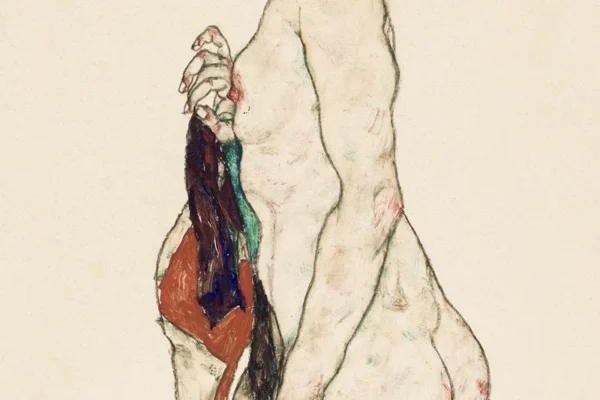 Standing Nude woman with a Patterned Robe (1917) by Egon Schiele. Original female line art drawing female painting from The MET museum.