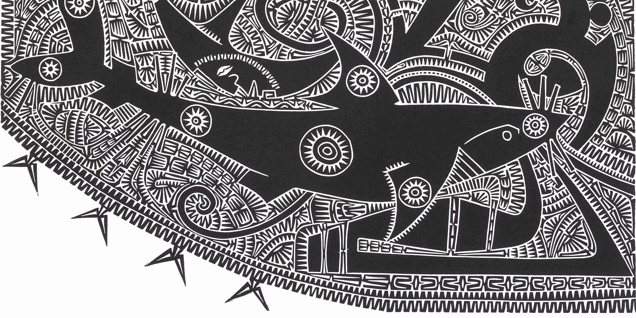 Black and white lino print of a shark with other patterns and shapes within the background. Artist:Brian Robinson