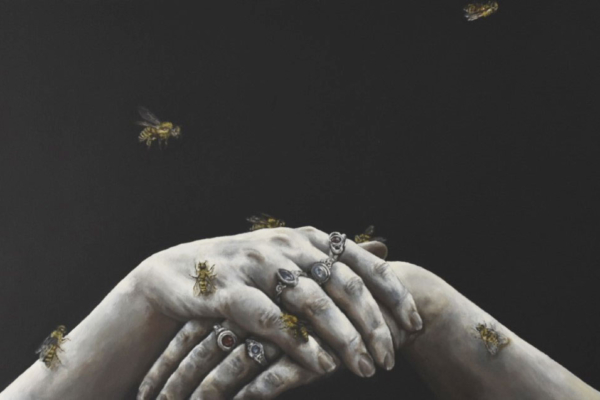 Realistic painting of two hands with the right hand over the top of the left. They wear three rights on the top hand and two rings on the bottom. There are 4 bees on the top hand and two bees on their arm. Three bee are flying the the black background.
