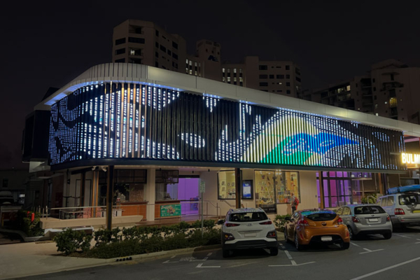 Bulmba-ja LED Facade at night featuring the work of Fiona Elisala-Mosby