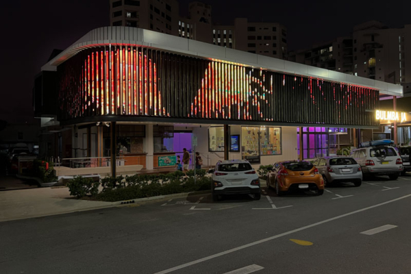 Bulmba-ja LED Facade at night featuring the work of Solomon Booth