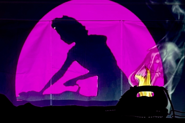 A silhouette of an iron and ironing board is in the foreground. A projection lighting up the background sheet with a vibrant pink backdrop shows the shadow of a woman ironing whilst flames and smoke are projected from the real iron in the foreground.