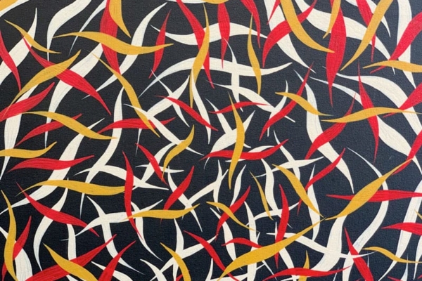 painting of yellow, red and white abstract shapes on a black background