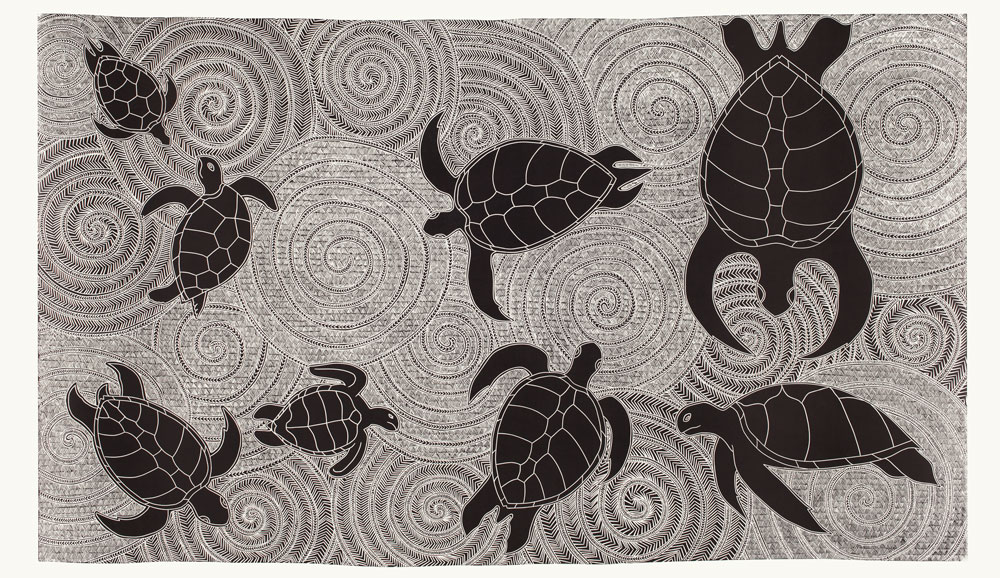 Black and White linocut print of eight turtles of different sizes swimming.