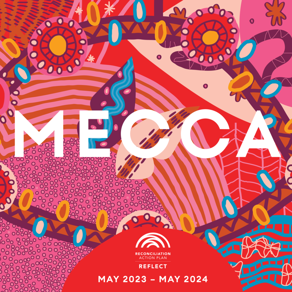A bright colourful design by IndigeDesign Labs with white text 'MECCA' in the middle of the image.
