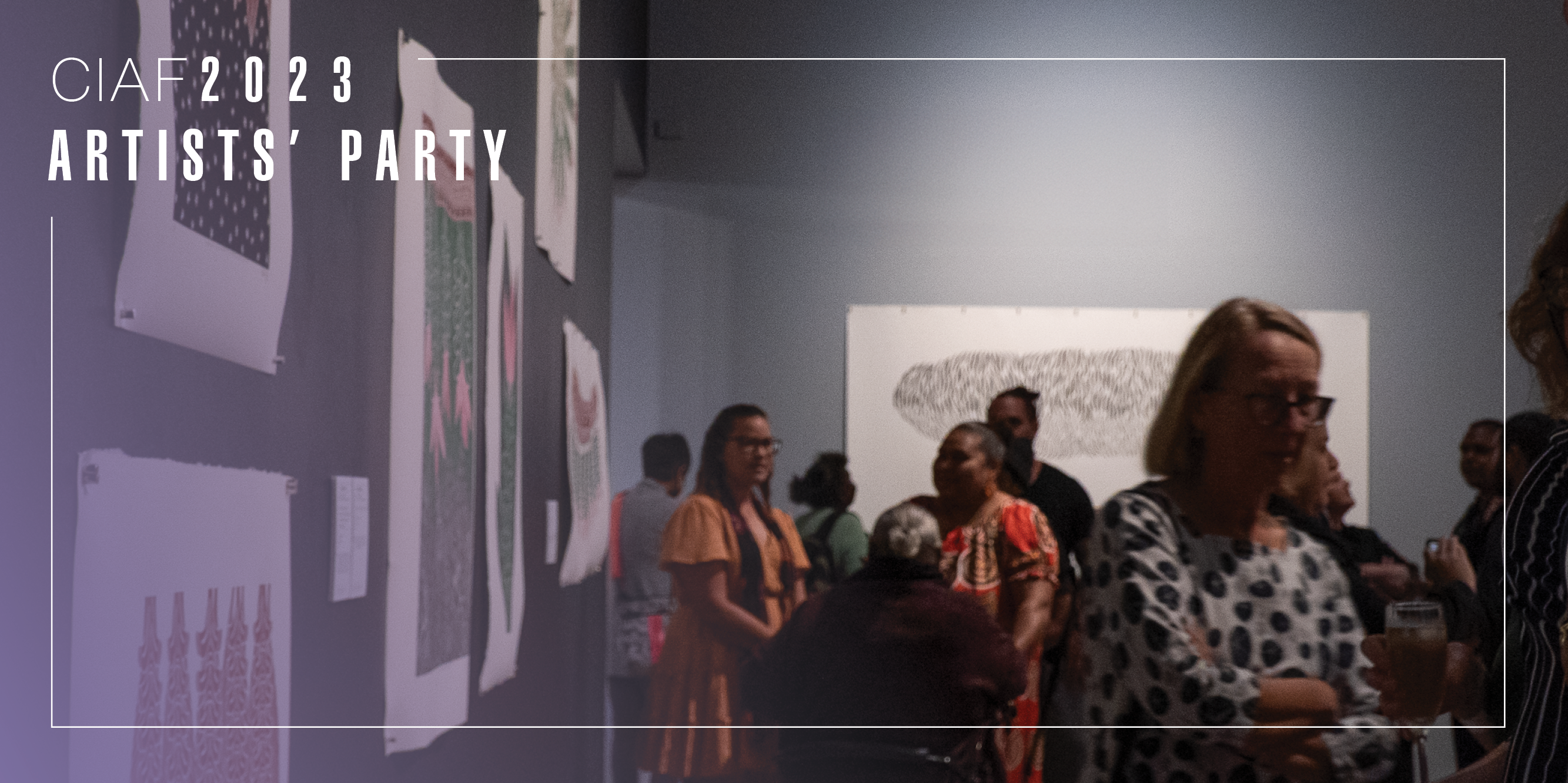 a group of people in a gallery space with prints on the grey walls. The text "CIAF 2023 Artists' Party" is in the top left corner.