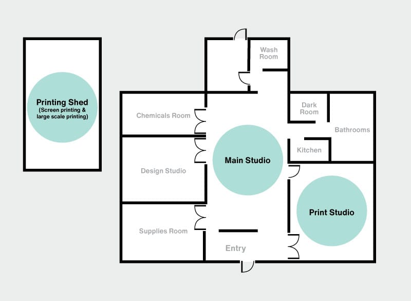 A black and white line drawing of the floor plan of the Art Studios and large green circles highlighting that 3 spaces available.