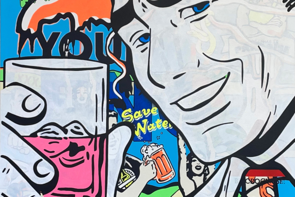 Pop art style painting of a man holding a glass and smiling. In the background are references to Far North Queensland.