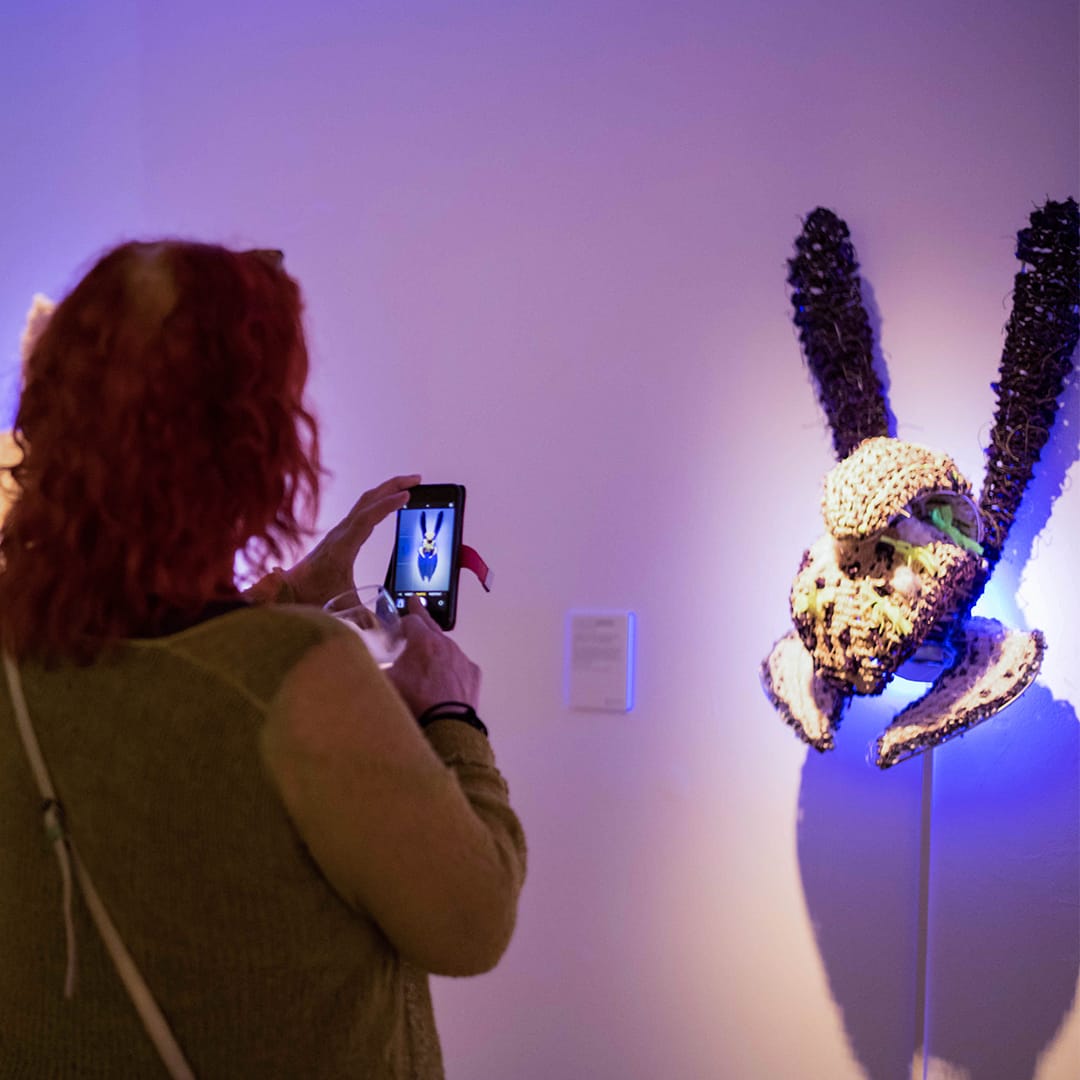 A woman taking a picture of an installation artwork.