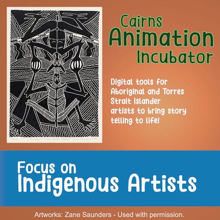 Cairns Animation Incubator with a black and white artwork by Zane Saunders