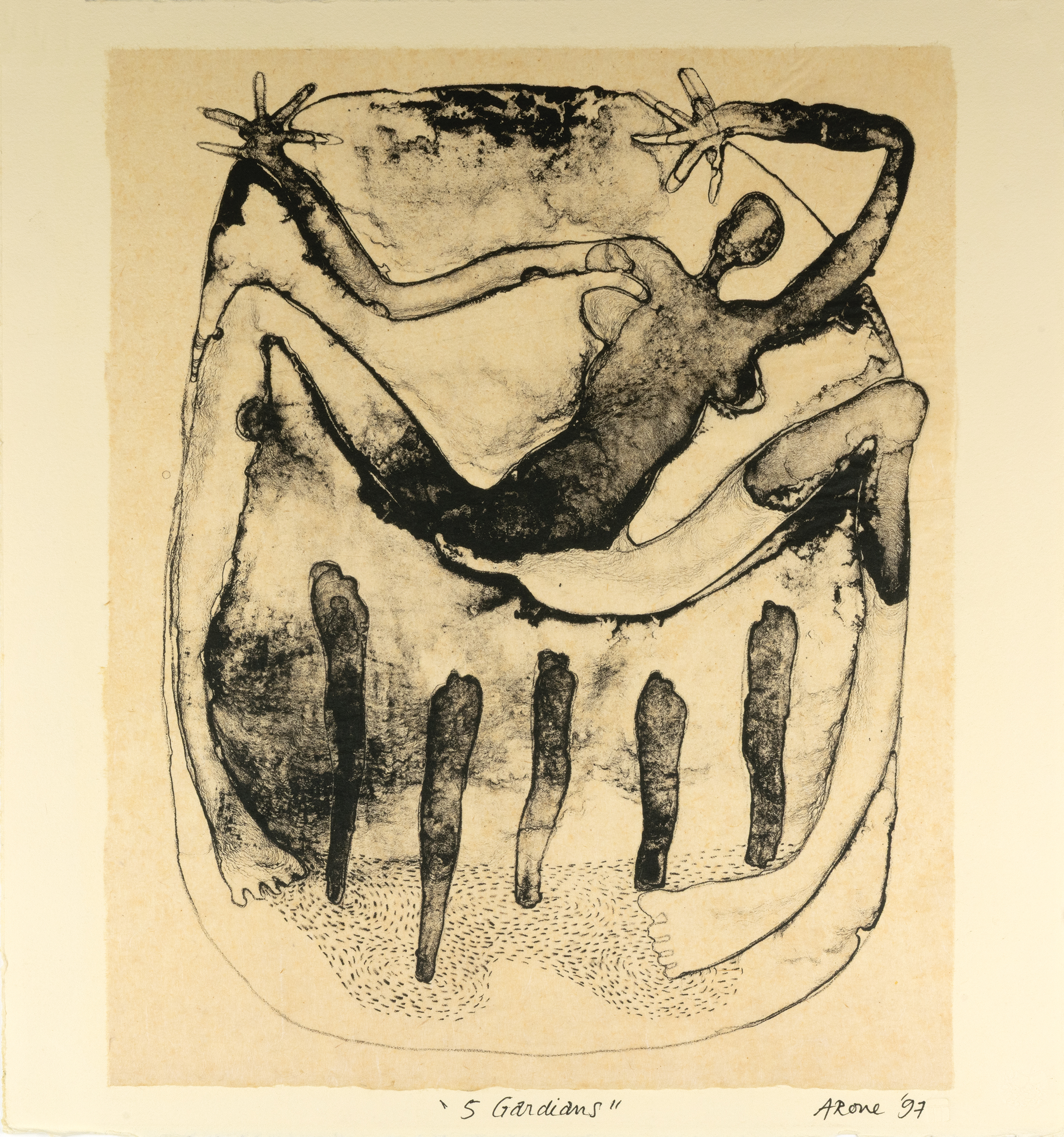 ARONE MEEKS | 5 Guardians | 1997 | Lithograph/ chine-colle/ cream coloured paper | H395 x W695mm paper