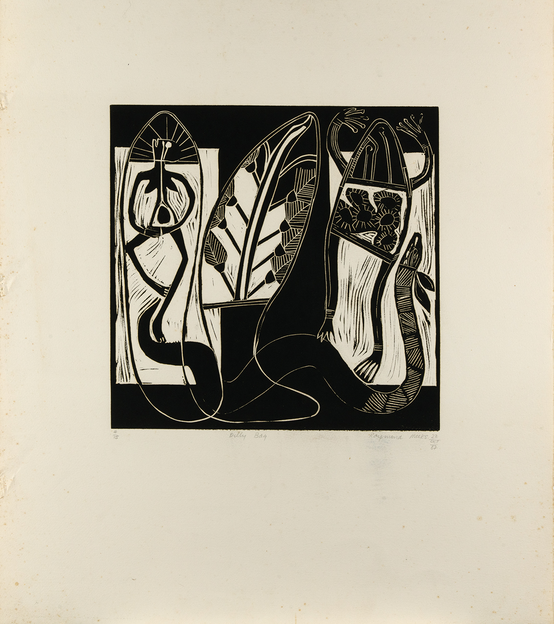 ARONE MEEKS | Dilly Bag | 1987 | linocut in black ink| H600 x W506 paper mm.tif